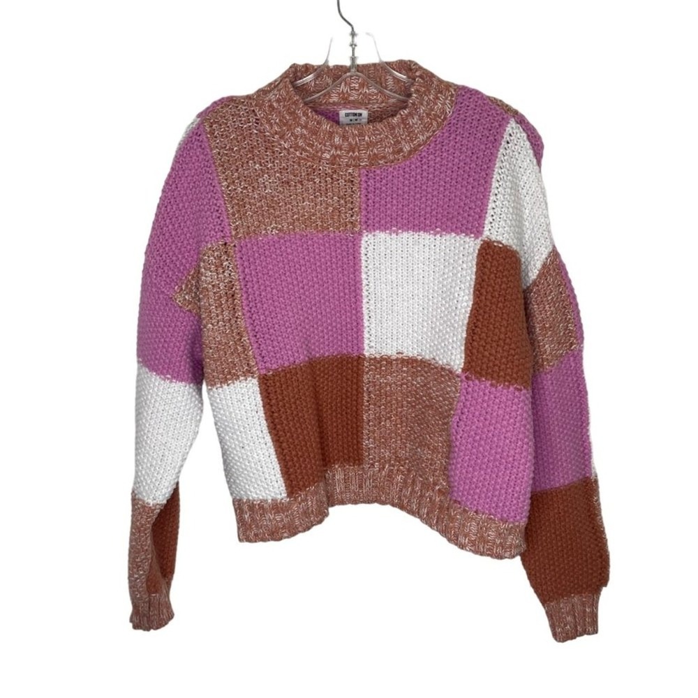 Cotton On Colorblock Patchwork Chunky Knit Sweater Pink Brown White Mens Medium
